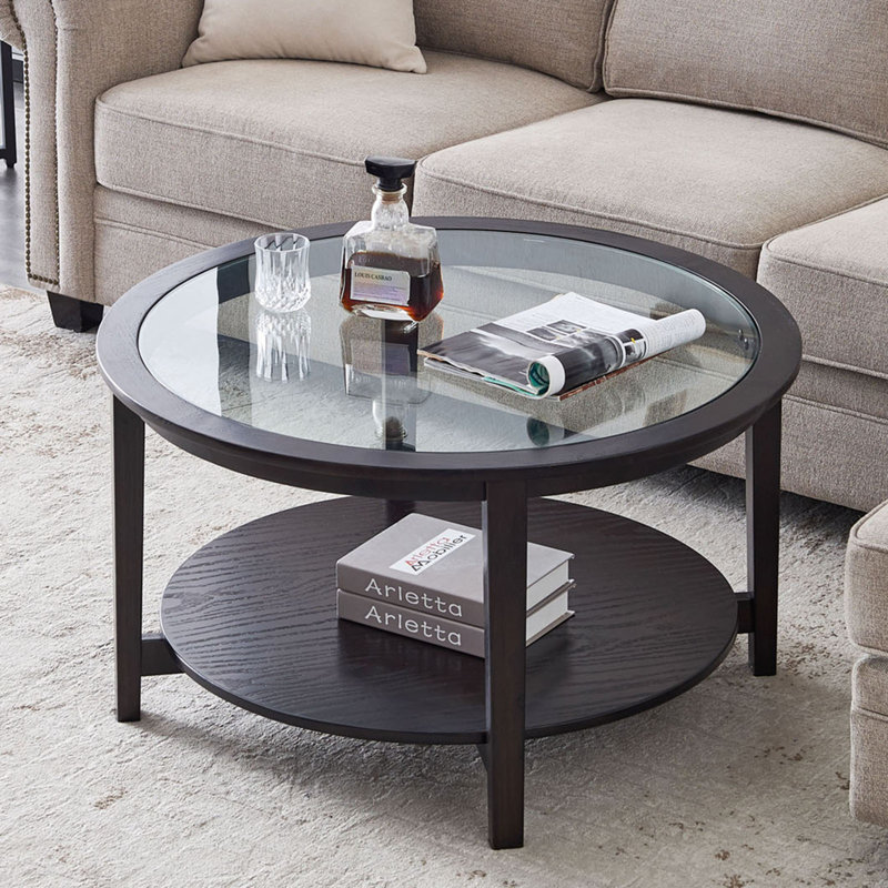 Red Barrel Studio® Black Round Glass Coffee Table, Mid Century Small